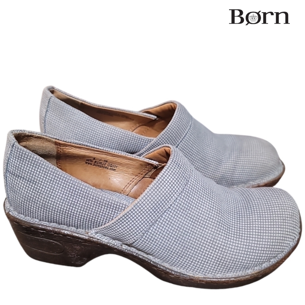 BORN Peggy Square Grid Clogs Women’s Size 8 Warm Gray Geometric